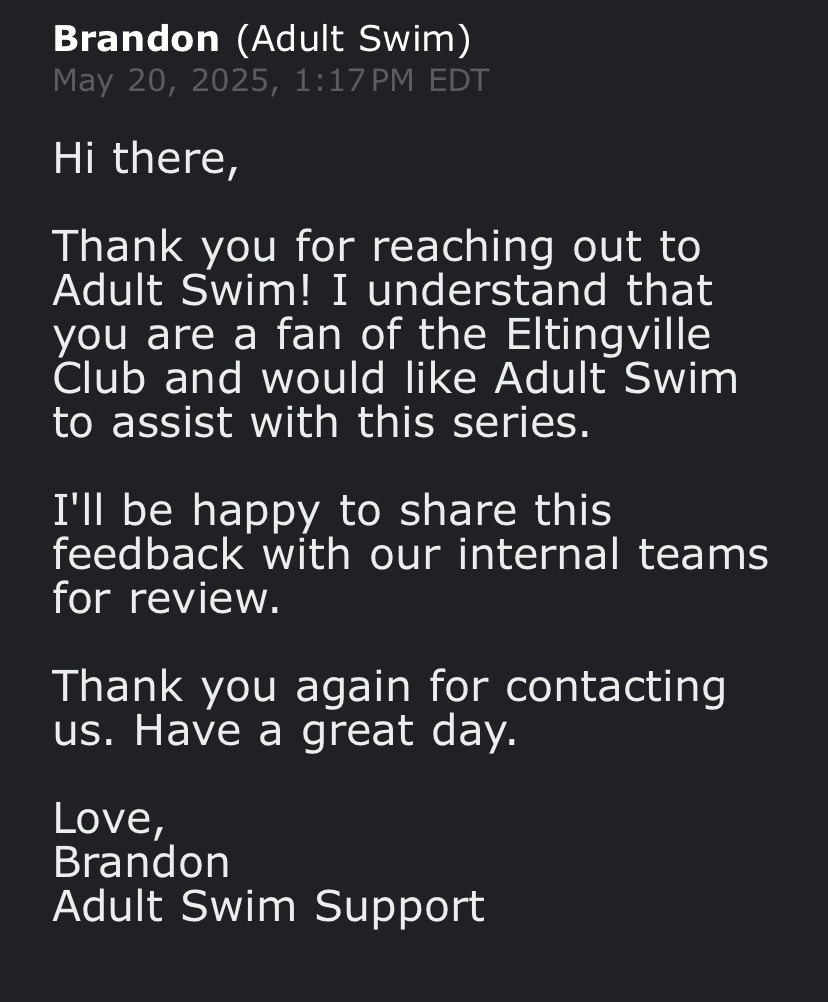 Adult Swim Support email — May 20, 2025