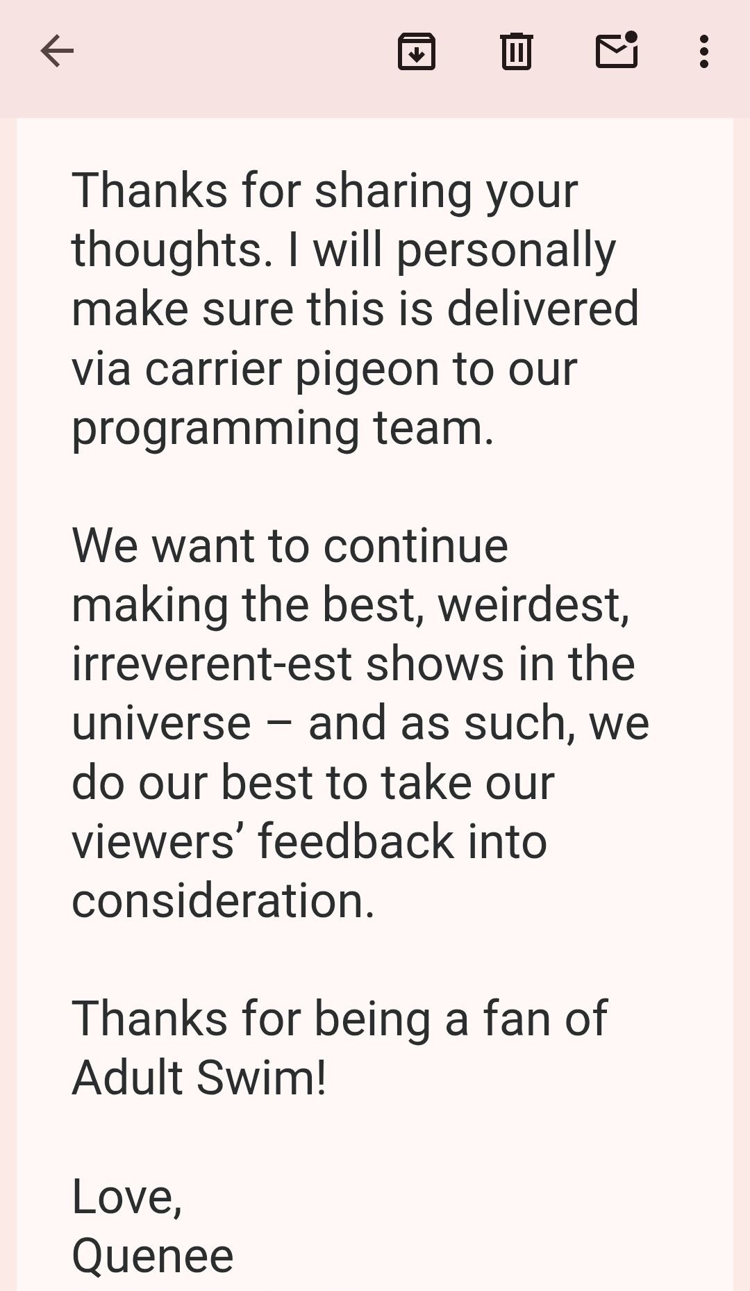 Adult Swim Support email — Jan 8, 2026